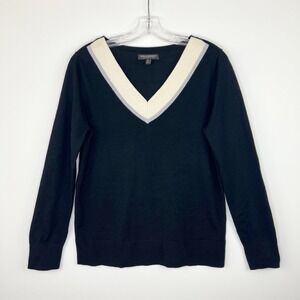 BANANA REPUBLIC Black V Neck 100% Extra Fine Merino Wool Varsity Sweater MEDIUM